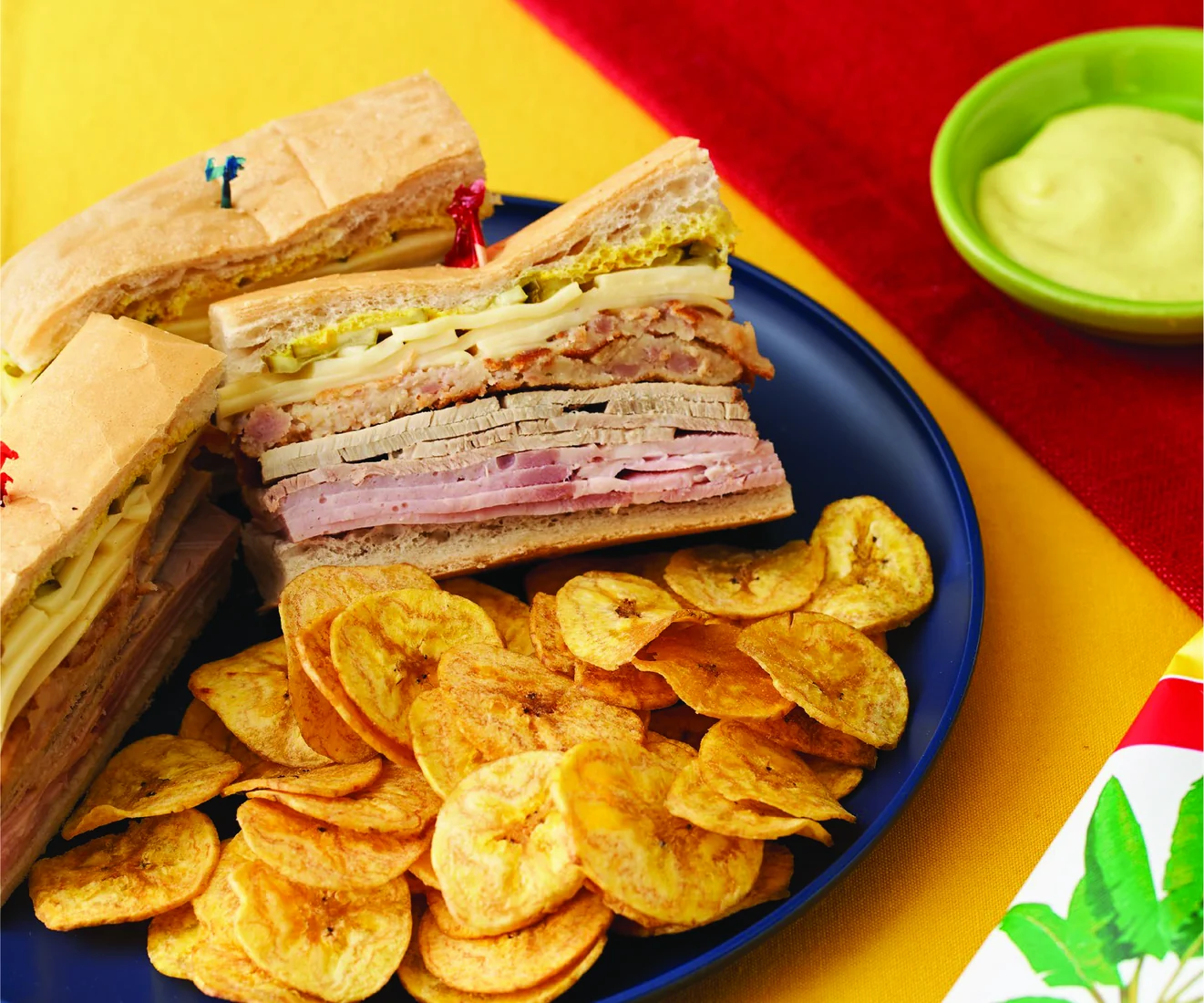 Cuban sandwich served with Mariquitas plantain chips
