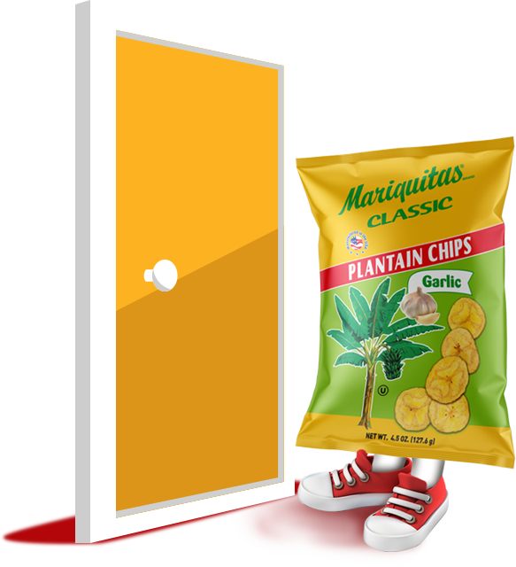 Mariquitas classic bag caricature wearing red sneakers standing next to a yellow cartoon door