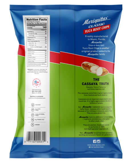 Mariquitas Yuca Root Garlic Chips packaging back side